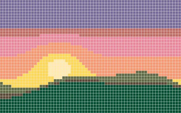 A cross stitch sunset chart with pink skies and green hills