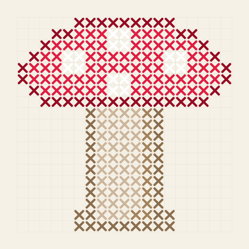 Toadstool cross stitch pattern — 19 by 19 stitches